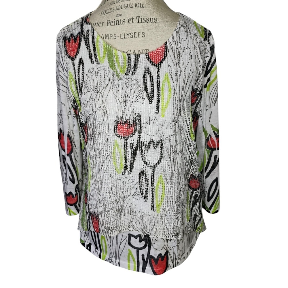 Jess & Jane Top Womens PM Floral Artsy V-Neck Mesh Overlay Lagenlook Art To Wear